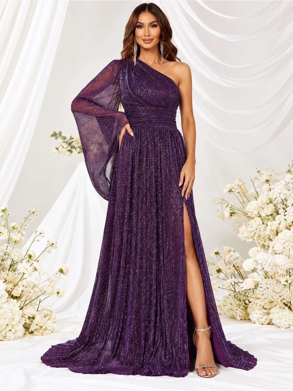 Gorgeous Purple Shimmer One-Shoulder Maxi Dress | Size Large | Worn Once